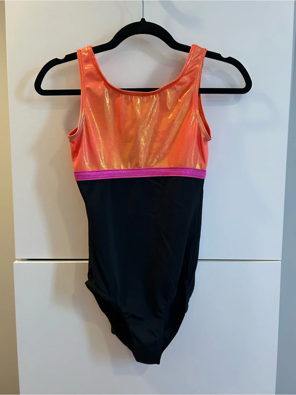 balera Orange Shimmer & Pink Trim Black Tank Leotard - Size LC